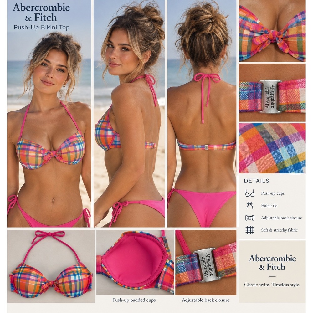 Y2K Abercrombie & Fitch Plaid Push-Up Bikini Top Pink Orange Blue Halter Medium